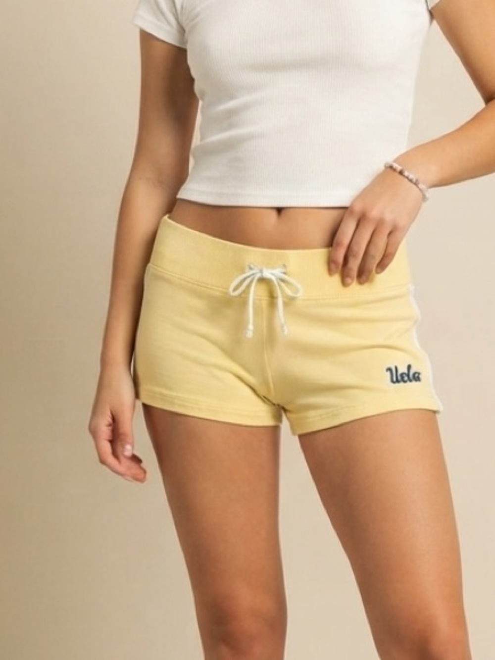 Y2K Campus Crew Pale Yellow Summer Drawstring Low Waist Micro Shorts Size Medium